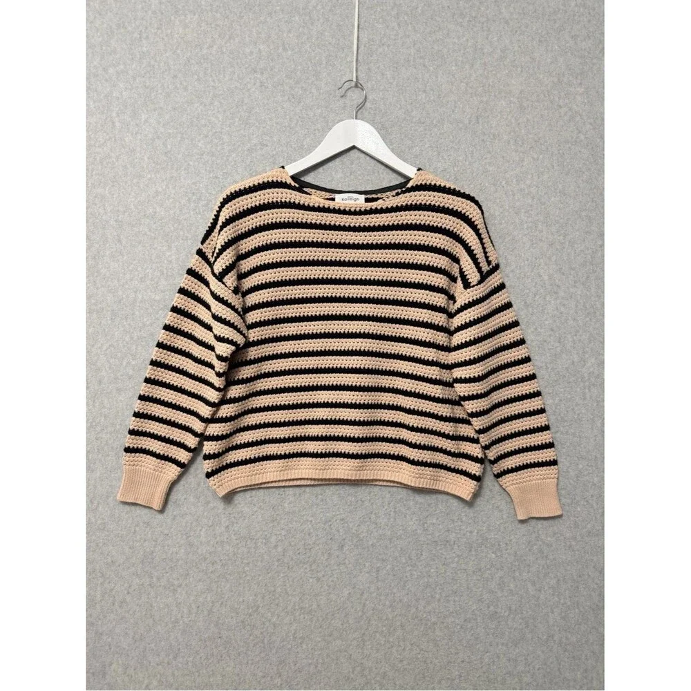 Kaileigh Striped Crochet Sweater Size Small Black Tan 100% Cotton Boxy Fit